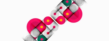 Soyut geometrik şekiller, pembe, yeşil, gri. Üst üste binen daireler dinamik görsel desen oluşturur. Minimalist tasarım, modern estetik.