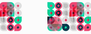 Soyut geometrik desenler. Çemberler, kareler, dikdörtgenler renk bileşimi oluşturur. Minimalist tasarım, modern estetik.