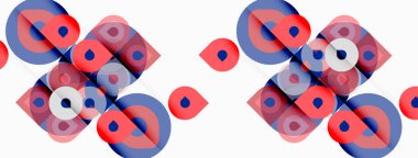 Soyut geometrik desen. Kırmızı, mavi şekiller kompleks tasarım yaratıyor. Minimalist stil, tekrarlayan elementler, modern estetik.