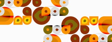 Retro desen üst üste binen daireler, çeşitli kahverengiler, portakallar, bej renkler. Basit geometrik tasarım klasik estetik yaratıyor.