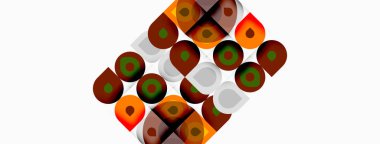 Soyut geometrik desen. Kareler, daireler, renkler modern görsel dokuyu oluşturur. Basit şekiller tekrar eder, dinamik bileşim oluşturur.