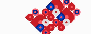 Soyut geometrik şekiller, yuvarlak kareler içindeki kırmızı ve mavi daireler, tekrarlanan desen, basit tasarım, beyaz arkaplan.