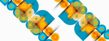 Soyut geometrik tasarım. Üst üste binen daireler, kareler dinamik desenler oluşturur. Parlak renkler, beyaz arkaplan modern estetik sunuyor.