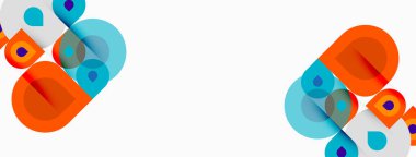 Soyut şekiller, turuncu, yeşil, mor. Üst üste binen daireler dinamik bileşim yaratır. Minimalist tasarım, temiz arka plan. Modern estetik.