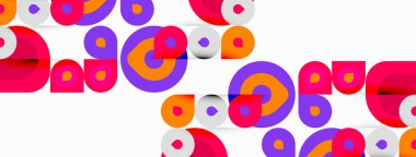 Parlak daireler kesişiyor, soyut şablon oluşturuyor. Canlı pembeler, morlar, portakallar beyaz arka plana hakim. Modern tasarım.