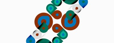 Soyut daireler çakışıyor, renkli desenler oluşturuyor. Yeşil, kahverengi, mavi renkler kompozisyona hakim. Minimalist tasarım, modern estetik.