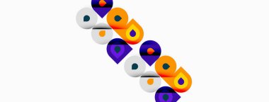 Soyut şekiller, daireler, kareler, mor, turuncu renkler. Çapraz düzenleme dinamik görsel etki yaratır. Minimalist tasarım.
