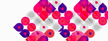 Soyut geometrik desen. Renkli daireler, kareler, dikdörtgenler dinamik görsel doku oluşturur. Modern tasarım elemanları.