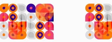 Renkli daireler, kareler tekrar tekrar desenler. Geometrik şekiller canlı bir tasarım yaratıyor, modern estetik. Basit biçimler, eğlenceli kompozisyon.