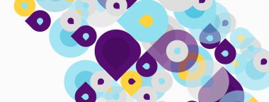 Soyut daireler örtüşür, canlı görsel doku yaratır. Mor, mavi, sarı renkler kompozisyona hakim. Modern tasarım ögesi.