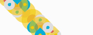 Soyut renkli daireler beyaz arkaplan boyunca çaprazlama kesişiyor. Basit tasarım, canlı renkler dinamik görsel desen oluşturur.