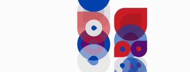 Üst üste binen dairelerin yer aldığı soyut kompozisyon, kırmızı ve mavi renkler baskın. Minimalist tasarım, temiz çizgiler, modern estetik..