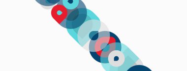 Soyut daireler örtüşüyor, canlı renk kalıpları yaratıyor. Mavi, kırmızı, deniz mavisi renkleri beyaz arkaplana hükmediyor. Modern tasarım ögesi.