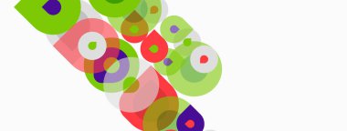 Soyut renkli daireler çakışıyor, dinamik görsel desen oluşturuyor. Parlak renkler enerji, hareket, modern tasarım.