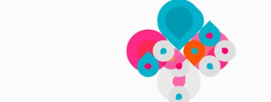 Soyut renkli daireler çakışıyor, eğlenceli kompozisyonlar oluşturuyor. Parlak renkler beyaz arkaplana hakim. Modern tasarım ögesi.