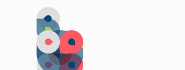 Soyut şekiller örtüşür, katmanlı bileşim yaratır. Renkler arasında pembeler, maviler, griler var. Minimalist tasarım, beyaz arkaplan. Basit geometri.