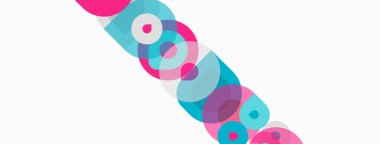 Soyut daireler örtüşüyor, canlı pembe, deniz mavisi renkleri yaratıyor. Minimalist tasarım beyaz arka planda. Modern, eğlenceli kompozisyon.