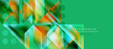 Soyut geometrik tasarım canlı üçgenler, altıgenler, daireler içerir. Yeşil zemin kontrastı sağlar, modern estetik.