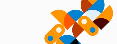 Soyut geometrik şekiller örtüşür, dinamik bileşim yaratır. Turuncu, kahverengi, mavi renkler beyaz arkaplana hakim. Modern tasarım ögesi.