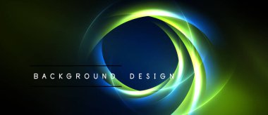 Soyut tasarım parlayan dairesel katmanlar içerir. Koyu arkaplan parlak neon renklerine zıt düşerek, dinamik görsel efekt yaratır.