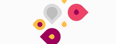 Beyaz arka plana yayılmış soyut renkli damlalar. Basit şekiller, modern tasarım, canlı renkler mevcut. Minimalist estetik.