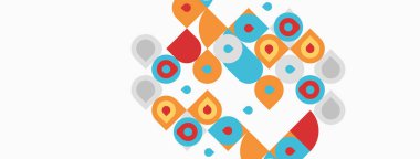 Soyut geometrik şekiller, canlı renkler, üst üste binen formlar dinamik bileşim oluşturur. Açık arkaplan renkli elementleri vurgular.