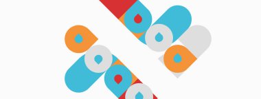 Soyut grafik tasarım renkli haplar, kapsüller, ilaçlar içerir. Basit şekiller, dinamik görsel desenler oluşturur. Temiz estetik.