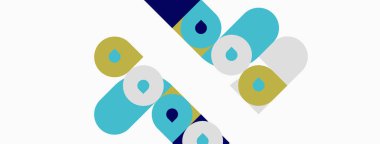 Soyut geometrik şekiller örtüşür, dinamik görsel kompozisyon yaratır. Renkler arasında mavi, sarı, gri, beyaz var. Minimalist tasarım.