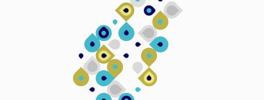 Soyut desenler üst üste binen daireler, ovaller, noktalar. Renkler arasında deniz mavisi, zeytin, deniz mavisi, gri var. Minimalist tasarım, basit şekiller kompozisyona hakim..