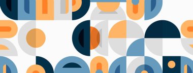 Geometrik şekiller tekrar ediyor. Turuncu, mavi, gri renkler modern desen yaratır. Minimalist tasarım, temiz estetik, basit kompozisyon.