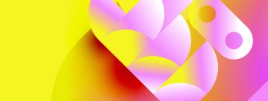 Parlak sarı, pembe, turuncu renkler içeren soyut bir kompozisyon. Üst üste binen daireler dinamik görsel efekt yaratır. Modern tasarım.