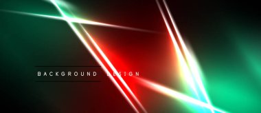 Soyut neon ışıklar canlı geometrik şekiller yaratır. Kırmızı, yeşil renkler koyu arkaplana hakim. Modern tasarım ögesi.