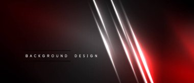 Karanlık, soyut bir arkaplan. Kırmızı ışık sağ taraftan yayılıyor, gümüş çizgiler kesişiyor. Minimalist tasarım, modern estetik.