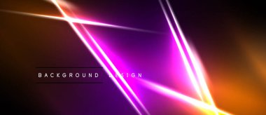 Canlı neon çizgileri koyu arkaplan üzerinde soyut geometrik şekiller oluşturur. Turuncu, mor renkler tasarımda baskın. Modern, dinamik görsel.