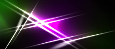 Soyut ışık çizgileri kesişir, parlak mor, yeşil bir parıltı yaratır. Dramatik enerji merkezi noktadan yayılır. Modern tasarım ögesi.