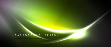 Soyut neon ışık dalgaları. Yeşil, sarı renkler koyu arkaplana karışıyor. Dijital projeler için modern tasarım ögesi.