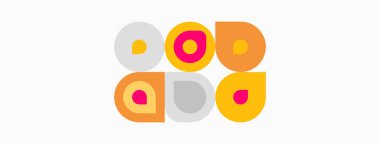 Renkli geometrik şekiller şebekeye göre dizilmiş. Çemberler, kareler, üçgenler eğlenceli tasarım yaratır. Basit, modern estetik..