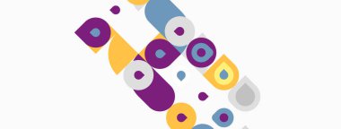 Soyut geometrik şekiller çakışıyor, renkli desenler yaratıyor. Daireler, kareler, dikdörtgenler kompozisyona hakim. Modern tasarım elemanları.