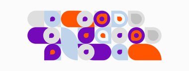 Soyut geometrik şekiller, turuncu, mor, gri. Minimalist tasarım, eğlenceli kompozisyon, düz vektör çizimi. Modern estetik, basit biçimler.