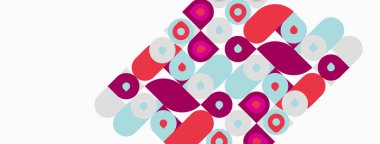 Soyut şablon renkli örtüşen şekiller içerir. Pembe, kırmızı, turkuaz renkler beyaz arkaplana hükmediyor. Modern tasarım ögesi.