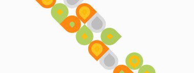 Soyut şablon tekrarlayan daireler, kareler, dikdörtgenler içerir. Renkler turuncu, yeşil, gri. Basit geometrik şekiller kompozisyona hakim.