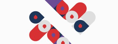 Soyut tasarım renkli kapsül şekilleri içerir. Kırmızı, mor, beyaz elementler dinamik bileşim oluşturur. Minimalist tarz, modern estetik.