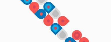 Soyut şekiller, daireler, kareler, çapraz düzenleme. Renkler arasında mavi, mercan, gri ve beyaz vardır. Minimalist tasarım, basit geometri.