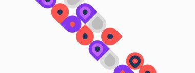 Soyut şablon daireler, kareler, çapraz düzenleme içerir. Mor, kırmızı, gri, mavi renkler tasarımda baskın. Minimalist estetik.