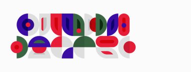 Soyut geometrik şekiller, canlı renkler, neşeli kompozisyon. Çemberler, dikdörtgenler, üst üste binen formlar modern tasarım yaratır.
