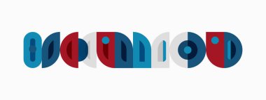 Soyut grafik tasarımı renkli üstüste binen şekiller ile kelime MODERN oluşturur. Basit, düz estetik mavi, kırmızı, gri tonlu.