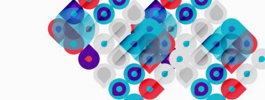 Soyut geometrik şekiller çakışıyor, renkli desenler yaratıyor. Çemberler, kareler, değişik tonlarda baskın bileşim. Minimalist tasarım.