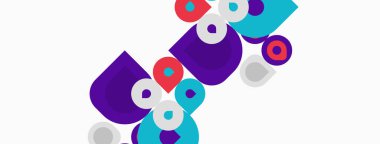 Soyut geometrik şekiller, daireler, kareler, mor, turkuaz, gri. Modern tasarım, basit kompozisyon, temiz çizgiler, canlı renkler.