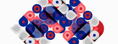 Soyut şablon daireler, kareler, üst üste binen şekiller içerir. Kırmızı, mavi, beyaz renkler kompozisyona hakim. Modern tasarım ögesi.