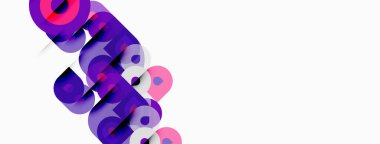 Mor metin tasarımı, üst üste binen katmanlar dinamik görsel efekt yaratır. Minimalist tarz ve beyaz arkaplan cesur tipografiyi vurguluyor.